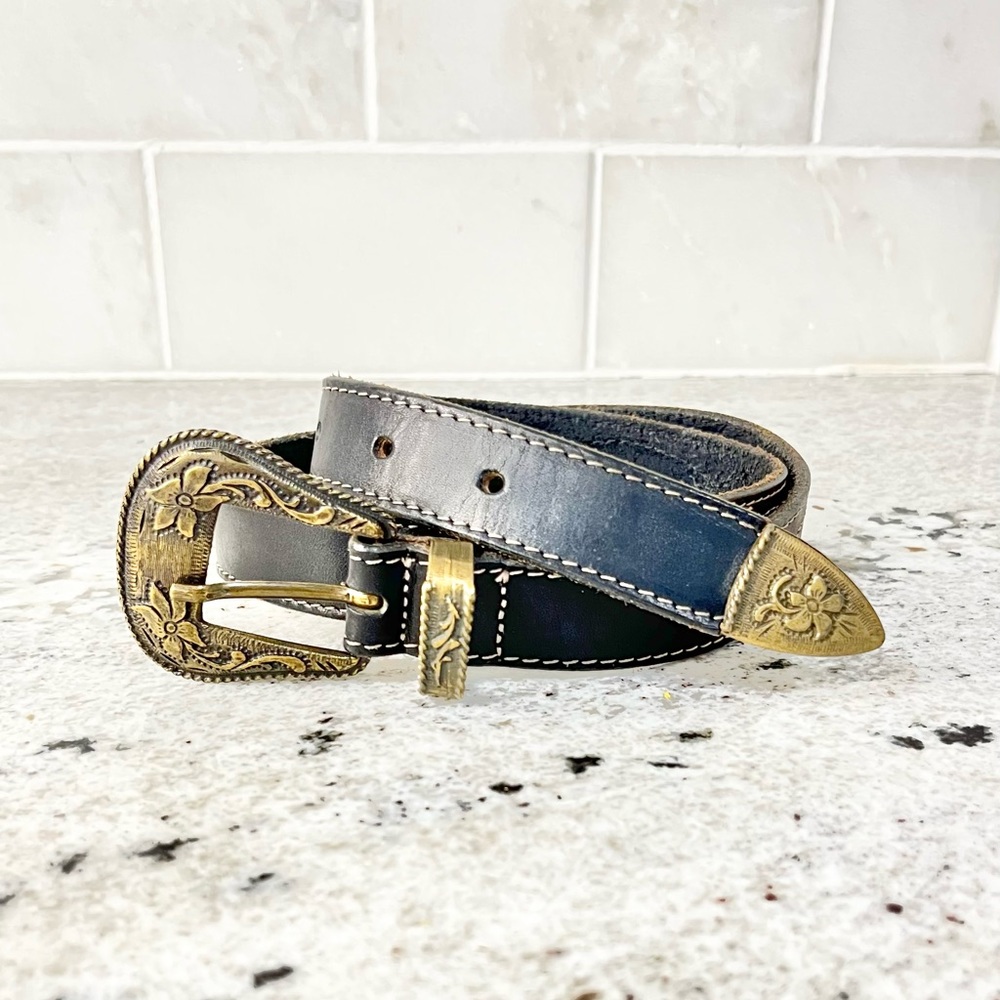 Black leather western belt with brass buckle